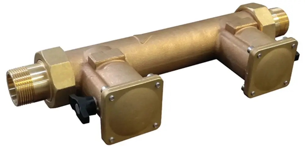 Syr Doppelflansch mit zwei Absperrungen, aus Messing mit zwei Anschlüssen auf der linken und rechten Seite. Das Design ist funktional und für Rohrleitungssysteme geeignet.
